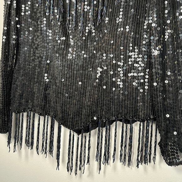Vintage Swee Lo Black Sequins Beaded Fringe 100% Silk Blouse Women's Medium - Picture 4 of 8